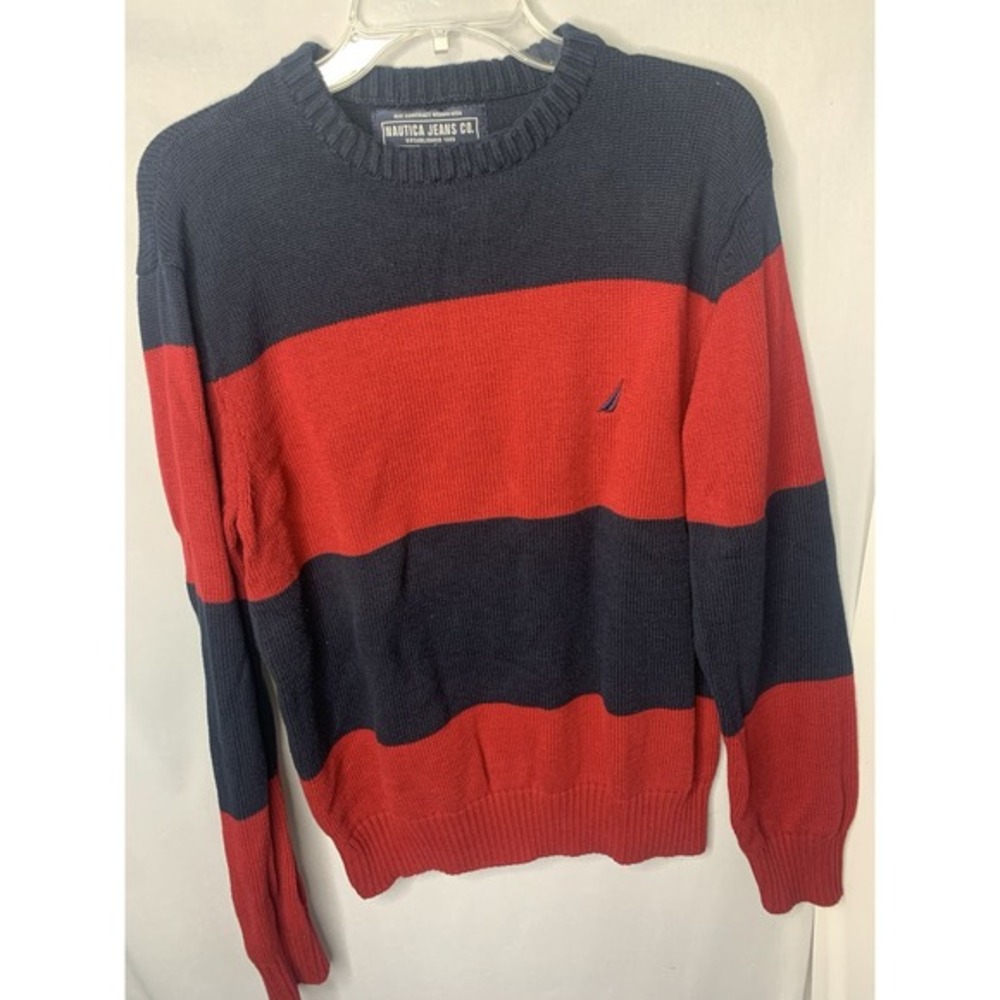 Mens L Vintage Nautica Knit Heavy Crew Neck Striped Sweater Blue & Red Cotton